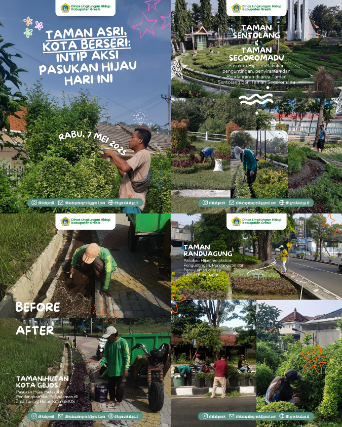 Pemeliharaan taman, hutan kota, dan jalur hijau jalan merupakan tugas rutin Pasukan Hijau Dinas Lingkungan Hidup Kabupaten Gresik.